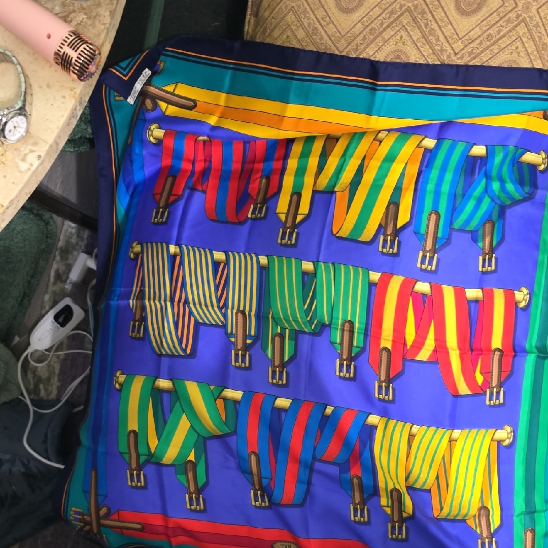 Hermes Multicolor Silk Scarf With Striped Belt Motif